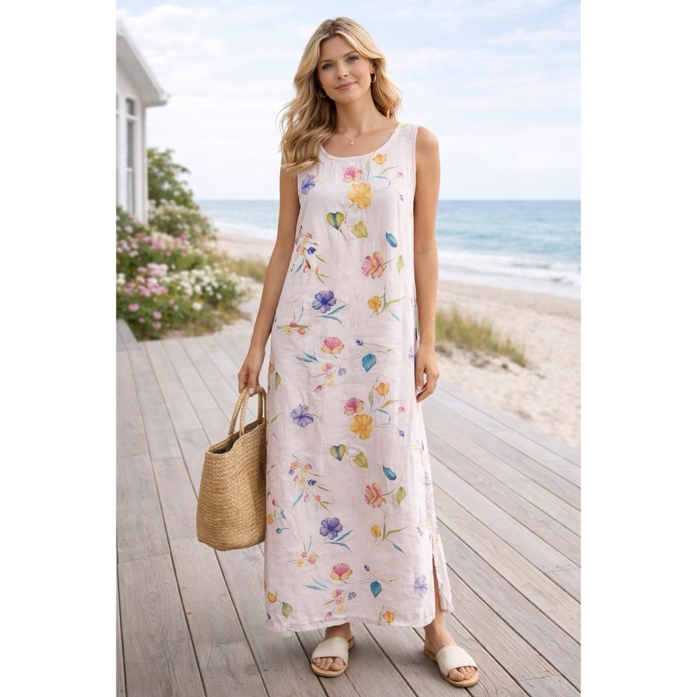 Vtg Hot Cotton Dress Women M Floral‎ Linen Beachy Coastal USA Made